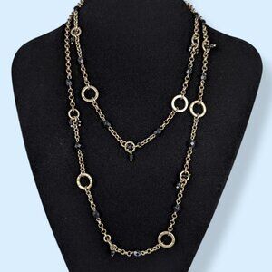 Long Black Glass & Metal Ring Necklace